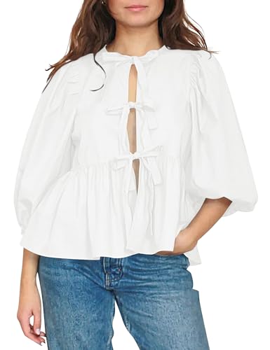 Cioatin Damen-Hemd mit Fliege vorne, niedliche Puffärmel, Y2K, Schößchen, Rüschen, Babydoll-Bluse, Schnürung, Sommer, Ausgehen, Weiss/opulenter Garten, Klein Cioatin Damen-Hemd mit Fliege vorne, niedliche Puffärmel, Y2K, Schößchen, Rüschen, Babydoll-Bluse, Schnürung, Sommer, Ausgehen, Weiss/opulenter Garten, Klein von Cioatin