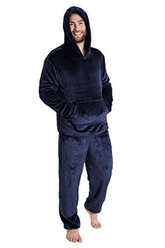 CityComfort Herren Pyjama Lang, Herren Schlafanzug Camouflage, Fleece Hoodie und Schlafhose Set, Pyjama Herren und Teenager Jungen M-2XL (Navy blau, 2XL) von CityComfort