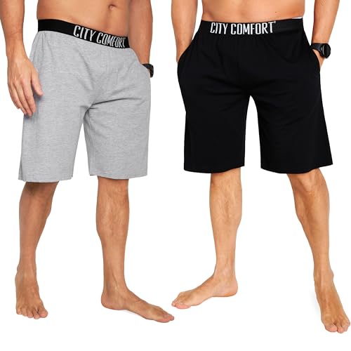 CityComfort Pyjama Shorts Herren, Kurze Schlafanzughose Herren mit Seitentaschen & Elastischem Bund 2er-Pack (Schwarz/Grau, 2XL) von CityComfort