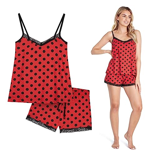 CityComfort - Schlafanzug Damen Kurz Set, 2-Teilig Damen Schlafanzug, Baumwolle Schlafanzüge für Damen, Bequemes Nachtwäsche Damen Set Mit Eleganten Spitzendetails, Rot Gepunktet, Mittel von CityComfort