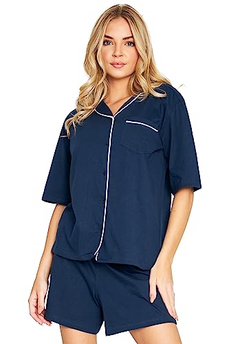 CityComfort Schlafanzug Damen Kurz Set - Baumwoll Pyjama Damen Kurz mit Button-Up Shirt - Damen Schlafanzug Kurz Kurzer Schlafanzug Damen Nachtwäsche & Loungewear (Blau/Weiss, M) von CityComfort