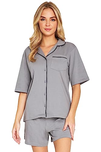 CityComfort Schlafanzug Damen Kurz Set - Baumwoll Pyjama Damen Kurz mit Button-Up Shirt - Damen Schlafanzug Kurz Kurzer Schlafanzug Damen Nachtwäsche & Loungewear (Grau/Schwarz, S) von CityComfort