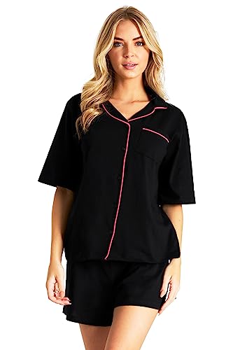 CityComfort Schlafanzug Damen Kurz Set - Baumwoll Pyjama Damen Kurz mit Button-Up Shirt - Damen Schlafanzug Kurz Kurzer Schlafanzug Damen Nachtwäsche & Loungewear (Schwarz/Rosa, S) von CityComfort