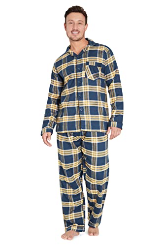 CityComfort Schlafanzug Herren Lang, Pyjama Herren Kariert zum Durchknöpfen (Marineblau/Senfgelb, L) von CityComfort