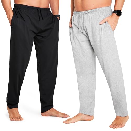 CityComfort Schlafanzughose Herren Lang mit Seitentaschen & elastischem Bund, Pyjama Hosen Herren 2er Pack (2XL, Grau/Schwarz, Bund mit Kordelzug) von CityComfort