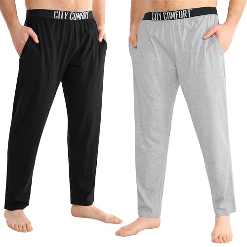 CityComfort Schlafanzughose Herren Lang mit Seitentaschen & elastischem Bund, Pyjama Hosen Herren 2er Pack (2XL, Schwarz/Grau, Elastischer Bund) von CityComfort