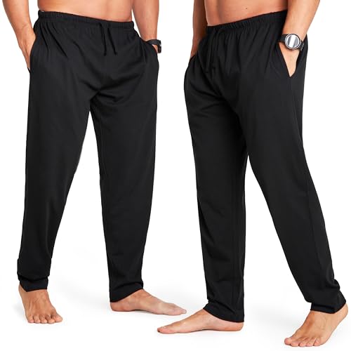 CityComfort Schlafanzughose Herren Lang mit Seitentaschen & elastischem Bund, Pyjama Hosen Herren 2er Pack (2XL, Schwarz/Schwarz, Bund mit Kordelzug) von CityComfort