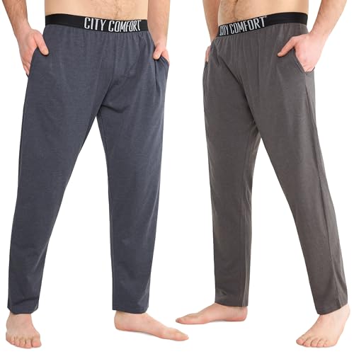 CityComfort Schlafanzughose Herren Lang mit Seitentaschen & elastischem Bund, Pyjama Hosen Herren 2er Pack (L, Dunkelblau/Anthrazit, Elastischer Bund) von CityComfort