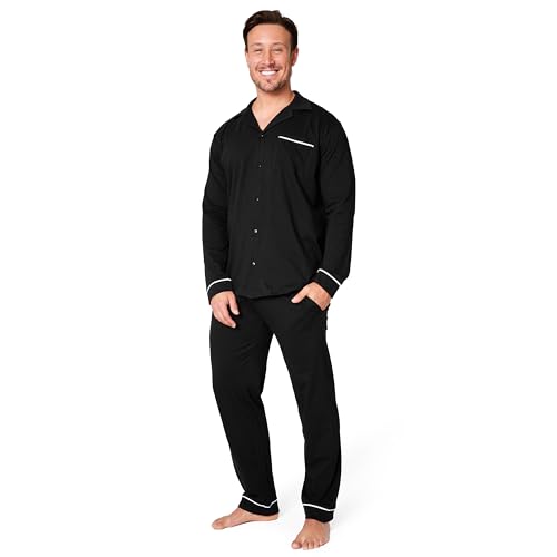 Schlafanzug Herren Lang Baumwolle Pyjama Herren mit Knopfleiste Lounge Set M - 3XL - Geschenke für Männer (Schwarz, 2XL) von CityComfort