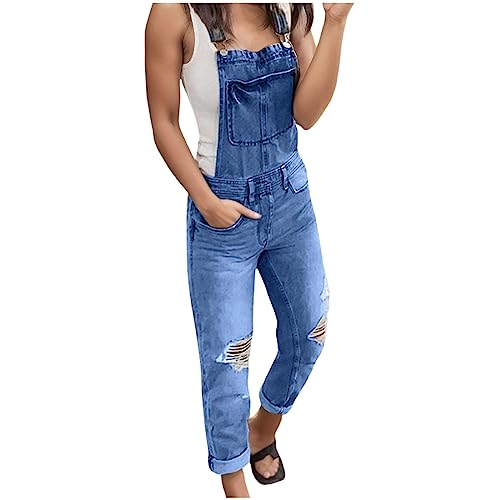 Clacce Damen Latzhose Jeans Boyfriend Denim Overall Jumpsuit Used-Look Sommeroverall (Dark Blue, XL) von Clacce