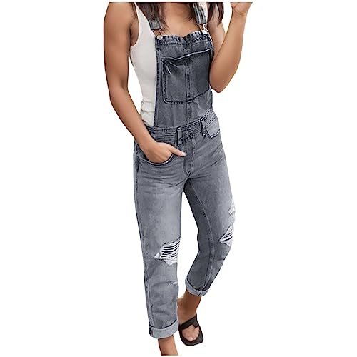 Clacce Damen Latzhose Jeans Boyfriend Denim Overall Jumpsuit Used-Look Sommeroverall (Grey, L) von Clacce