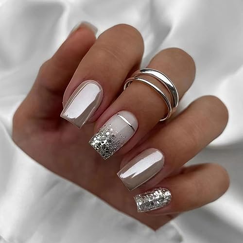 Clataly 24 Pcs Quadratischer Nagel Silber Glitter Pulver Gefälschte Nägel Presse auf Falsche Nägel Tägliche Tragen Künstliche Nägel für Frauen und Mädchen von Clataly