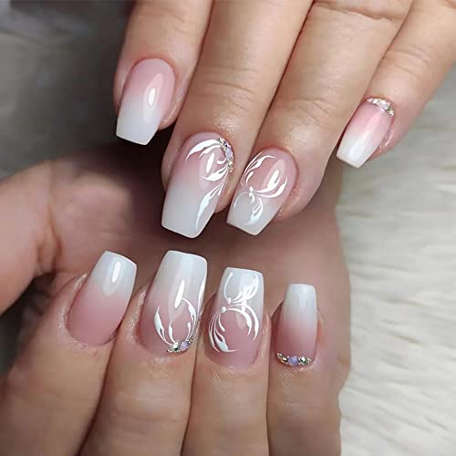 Clataly 24 Pcs Schmetterlingssterne Allmählich Falsche Nägel Nude Rosa Nägel Strass Blumen Nail Print Volle Abdeckung Falsche Nägel für Frauen und Mädchen (B) von Clataly