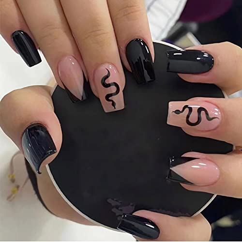 Clataly 24Pcs Schwarze Fase Französische Schlange Falsche Nägel Diablo Acryl Stil Falscher Nagel Liebe Herz Künstlicher Druck auf Nägeln für Frauen Mädchen (B) von Clataly