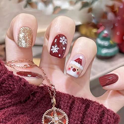 Clataly 24Pcs Weihnachtsbaum Liebe Kurze Nägel Falsche Perlenblumen Hund Kaninchen Acryl Falsche Nägel Druck auf Nägel für Frauen Mädchen (D) von Clataly