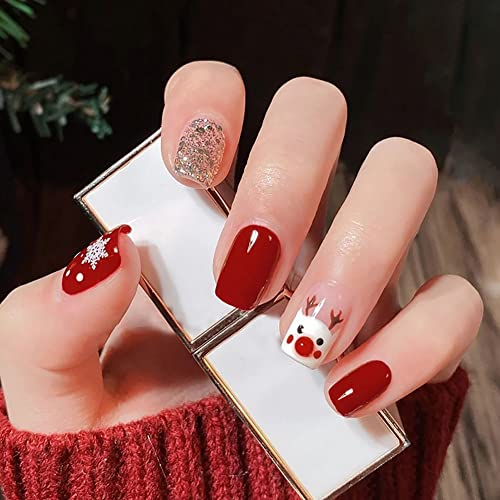 Clataly 24Pcs Weihnachtsbaum Liebe Kurze Nägel Falsche Perlenblumen Hund Kaninchen Acryl Falsche Nägel Druck auf Nägel für Frauen Mädchen (E) von Clataly