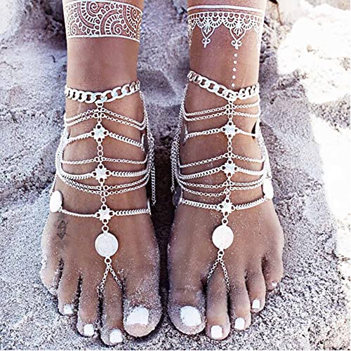 Clataly 2PCS Boho Münze Knöchel Armbänder Multilayer Quaste Münze Knöchel Sandalen Barfuß Füße Schmuck Zubehör für Frauen (Silber) von Clataly