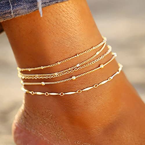 Clataly 5-teilige Fußkettchen Perlen Kette Fußkettchen Boho Mehrschichtige Fußkettchen Armbänder Strand Fuß Kette Schmuck für Frauen und Mädchen (Gold) von Clataly