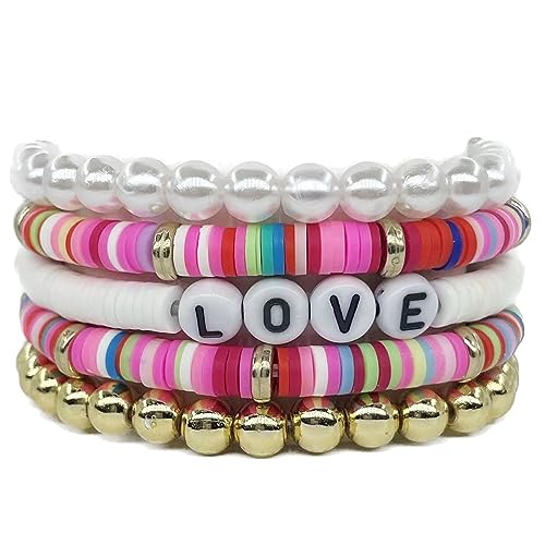 Clataly 5Pcs Bunte Weiche Keramik Armbänder Brief LIEBE Armbänder Stapelbare Elastische Perlen Armbänder Schmuck für Frauen Mädchen (Farbe) von Clataly