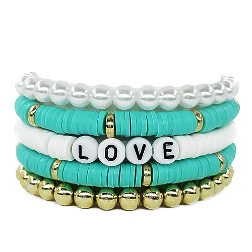 Clataly 5Pcs Bunte Weiche Keramik Armbänder Brief LIEBE Armbänder Stapelbare Elastische Perlen Armbänder Schmuck für Frauen Mädchen (grün) von Clataly