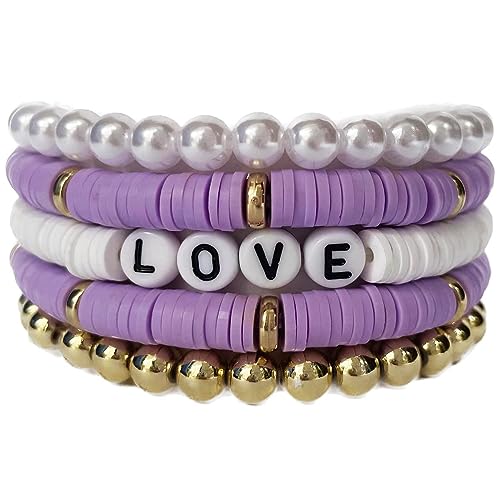 Clataly 5Pcs Bunte Weiche Keramik Armbänder Brief LIEBE Armbänder Stapelbare Elastische Perlen Armbänder Schmuck für Frauen Mädchen (lila) von Clataly