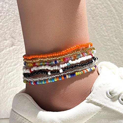 Clataly 7Pcs Knöchel Armbänder Handgemachte elastische farbige Perlen Kette Sommer Fuß Schmuck Set für Frauen Mädchen (Farbe A) von Clataly