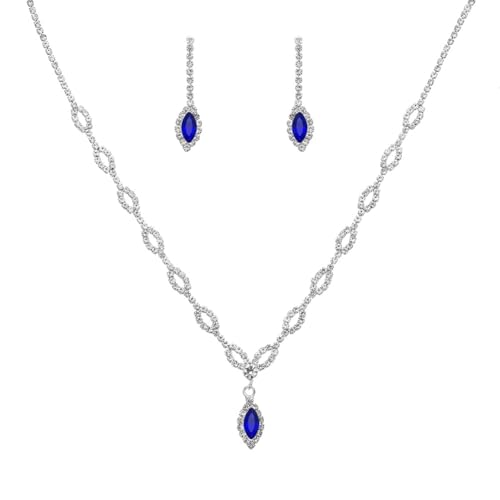 Clataly Braut Hochzeit Halskette Ohrringe Set Silber Kristall Strass Brautschmuck Zubehör für Frauen und Mädchen (Blaue Halskette) von Clataly