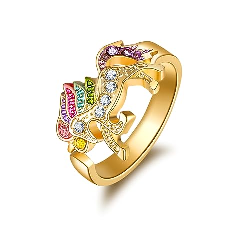 Clataly Regenbogen Einhorn Ring mit Strass Einstellbare Öffnung Cartoon Einhorn Mädchen Ring (Gold) von Clataly