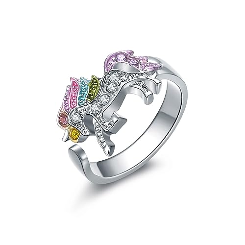Clataly Regenbogen Einhorn Ring mit Strass Einstellbare Öffnung Cartoon Einhorn Mädchen Ring (Silber) von Clataly
