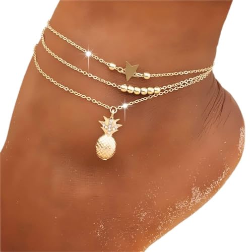 Clataly Sonne Mond Knöchel Armbänder Mehrschichtige Ananas Liebe Schildkröte Knöchel Perlen Sommer Zubehör Strand Fuß Schmuck für Frauen Mädchen (Gold Ananas Fußkettchen) von Clataly