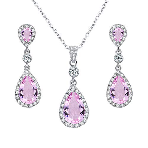 Clearine Cubic Zirconia Schmuckset Damen 925 Sterling Silber Hochzeit Braut Unendlichkeit Tropfen Anhänger Halskette Dangle Ohrringe Schmuck Set Pink Turmalin Farbe von Clearine