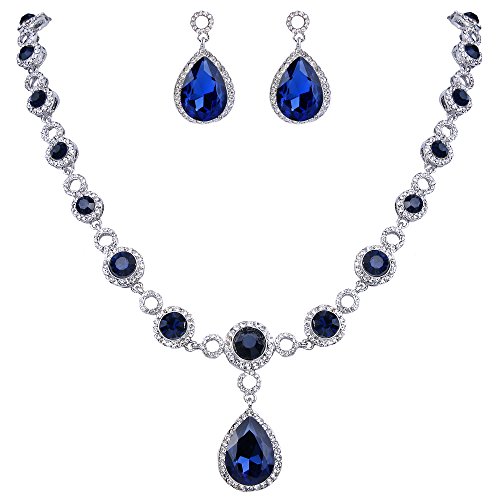 Clearine Damen Fashion Hochzeit Braut Kristall Unendlichkeit Figur 8 Tropfen Y-Halskette Dangle Ohrringe Set (Blau Silber-Ton) von Clearine