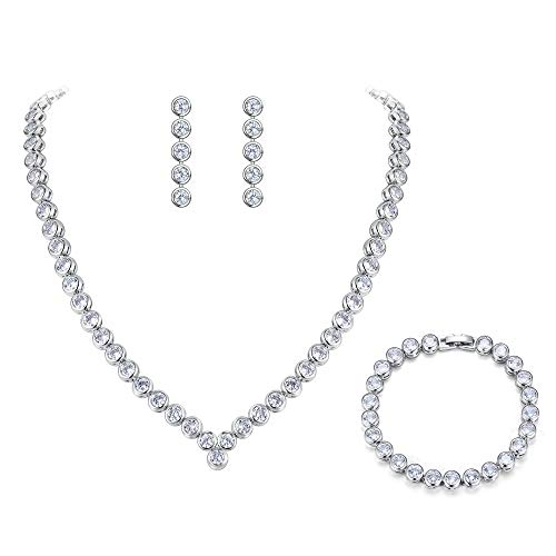 Clearine Damen Hochzeit Braut Cubic Zirconia Multi Rund Cut Disc Collar Halskette Tennis Armband Dangle Ohrringe Set Klar Silber-Ton von Clearine