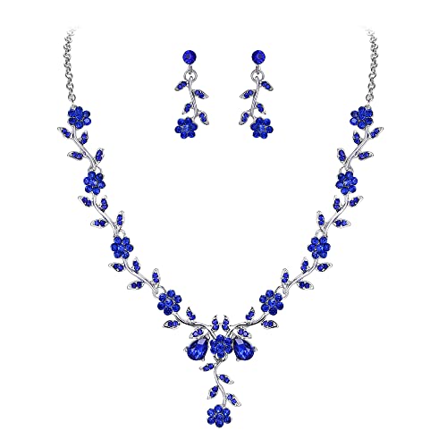 Clearine Damen Hochzeit Schmuck Set Blatt Cluster Blume Kristall Anhänger Halskette baumeln Ohrringe Set für Braut Braut Saphir-Blau Siber-Ton von Clearine