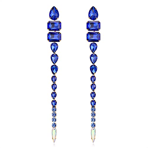 Clearine Damen Ohrringe Smaragd Schnitt Träne Strass Kristall lange Kronleuchter Ohrringe für Party Prom Blau Gold-Tone von Clearine