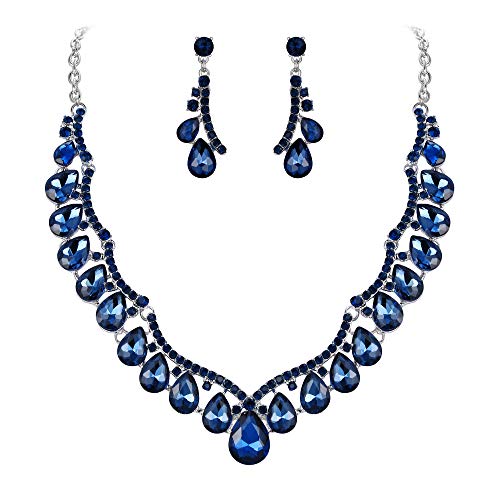 Clearine Damen Schmuck Set Hochzeit Braut Kristall Teardrop einreihige Strass V-förmige Halskette Ohrringe Set für Frauen Dunkel Blau Silber-Ton von Clearine