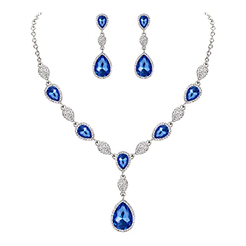 Clearine Damen Schmuck Set Hochzeit Braut Zirkonia Teardrop Y Halskette und Ohrringe Schmuckset für Frauen Sapphir-Blau Silber-Ton von Clearine