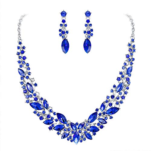 Clearine Damen Schmuckset Hochzeit Braut Österreichischen Kristall Marquise Cluster Kragen Halskette baumeln Ohrringe Set Sapphire-Blau Silber-Ton von Clearine