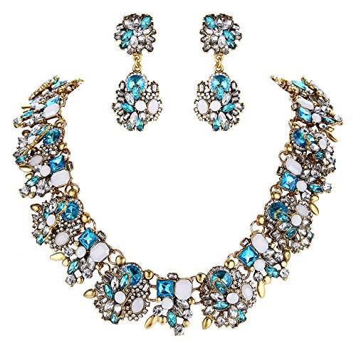 Clearine Damen Tribal Ethnic Crystal Mix-Form Cluster-Anweisung Halskette baumeln Ohrringe Set klar AB Antik-Gold-Ton (Blau Gold-Ton) von Clearine