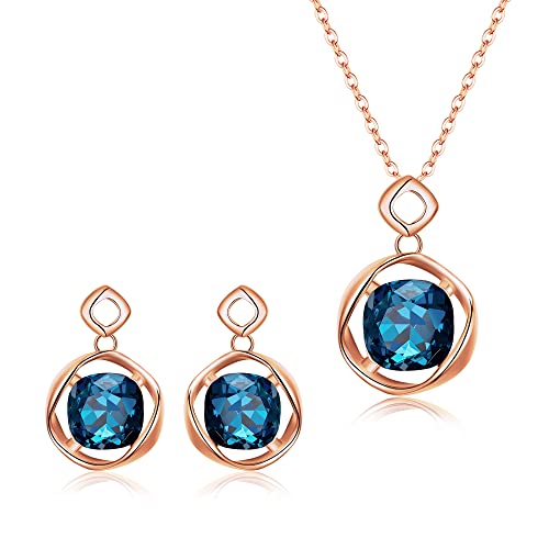 Clearine Damen funkelnde Schmuck-Set mit Halskette und Ohrring Prisma österreichischen Kristall Geschenk für Braut Brautjungfer Sapphire-Blau Rosegold-Ton von Clearine