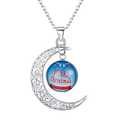 Clearine Halskette 925 Sterling Silber Halskette für Frauen "Frohe Weihnachten" Galaxy & Crescent Moon Glasperlen Anhänger Collier Halsreif Kette mit Anhänger Blau von Clearine