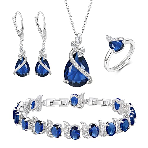 Clearine Hochzeit Schmuck-Set für die Braut Tropfenschliff Saphir-Blau Zirkonia Halskette Leverback Ohrringe Tennis Armband und einstellbare Ring Set Geschenk für Muttertag / Jubiläum / Geburtstag von Clearine