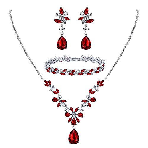 Clearine Hochzeit Zirkonia Schmuckset für Braut Brautjungfern Kristall Tropfen Anhänger Halskette, Tennis Armband und Kronleuchter Blatt Baumeln Ohrringe für Damen Rubin-Rot Silber-Ton Clearine Hochzeit Zirkonia Schmuckset für Braut Brautjungfern Kristall Tropfen Anhänger Halskette, Tennis Armband und Kronleuchter Blatt Baumeln Ohrringe für Damen Rubin-Rot Silber-Ton von Clearine