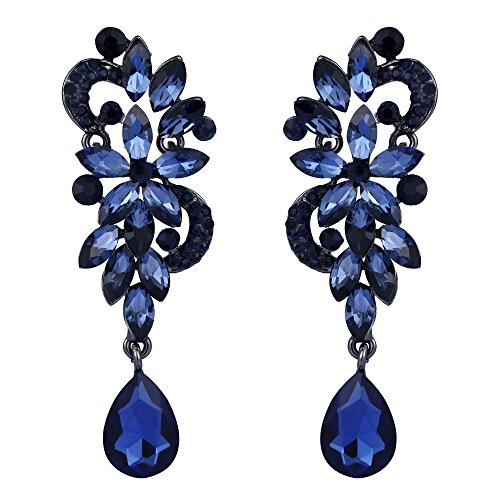 Clearine Damen Ohrringe Böhmisch Kristall Blume Hochzeit Braut Chandelier Tropfen Bling Dangle Statement Ohrringe Blau Schwarz-Ton von Clearine