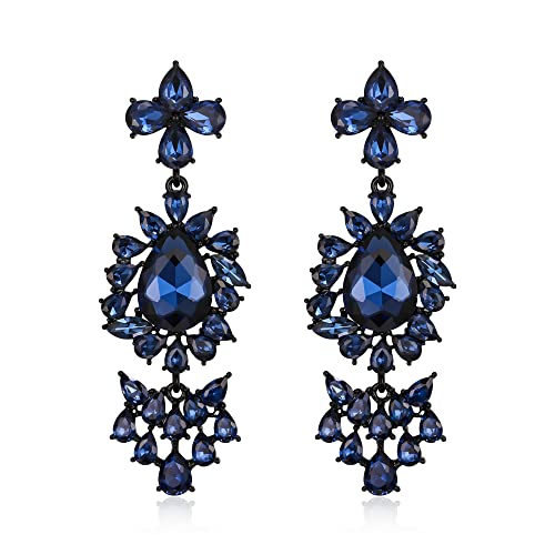 Clearine Ohrringe Damen Art Deco Vintage 1920er Gatsby Ohrringe Teardrop Marquise Strass Kronleuchter Ohrringe für Abschlussball Party Saphir-Blau Schwarz-Tone von Clearine