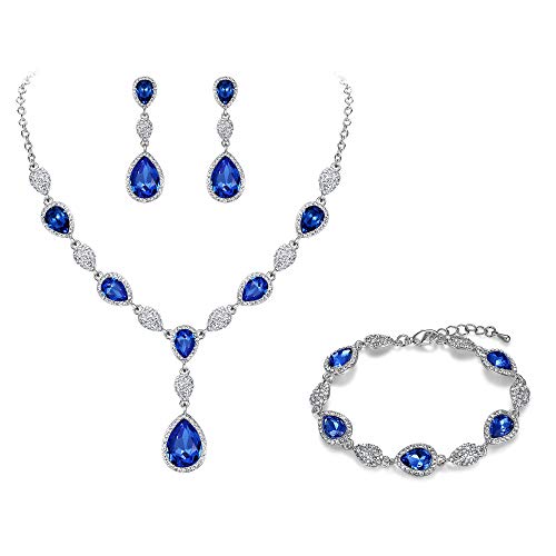 Clearine Schmuckset Zirkonia Edelstein Diamante Teardrop Hochzeit Braut Kostüm Statement Y-Halskette Ohrringe Tennis Armband Set für Frauen Saphir-Blau Silber-Ton von Clearine