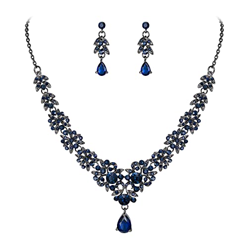 Clearine Schmucksets für Damen Tropfen Marquise Strass Blatt Cluster-Anhänger Halskette und Tropfen baumeln Ohrringe Set Hochzeitskostüm Saphir-Blau Schwarz-Tone von Clearine