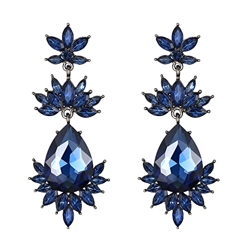 Clearine Statement Ohrringe Art Deco Vintage inspirierte Strass Marquise Teardrop Blume Ohrringe für Damen Saphir-Blau Schwarz-Ton von Clearine