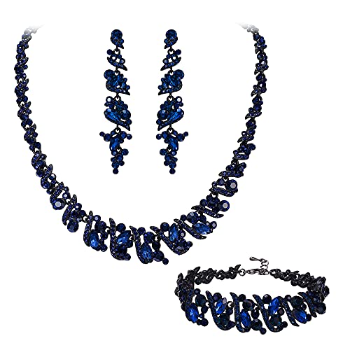 Clearine Statement Schmuckset Damen Hochzeit Braut Kristall Cluster Halskette Kragen Choker, Baumeln Ohrringe und Armkette Set Navy Blau Schwarz-Ton von Clearine