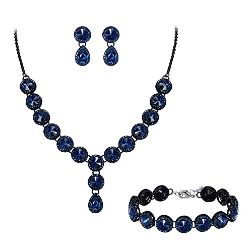 Clearine Statement Schmuckset Damen Hochzeit Braut Kristall Cluster Halskette Kragen Choker, Baumeln Ohrringe und Armkette Set Navy Blau Schwarz-Tone von Clearine